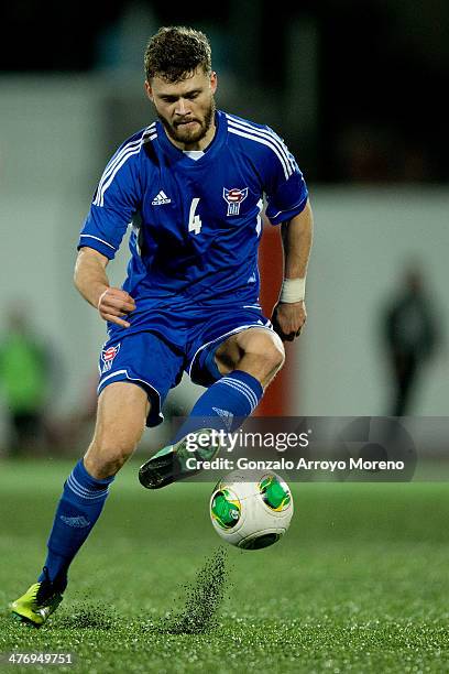 Rogvi Baldvinsson of Faroe Islands controls the ball during the International Friendly football match between Gibraltar and Faroe Islands at Victoria...