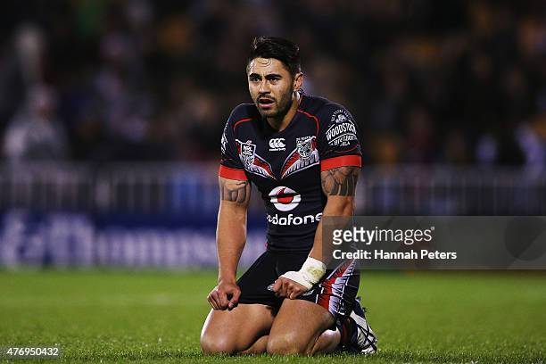 Shaun Johnson of the Warriors looks on after losing the round 14 NRL match between the New Zealand Warriors and the Sydney Roosters at Mt Smart...