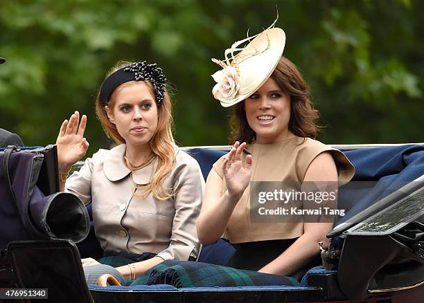 Princess Beatrice of York and Princess Eugenie of York attend the annual Trooping The Colour ceremony at Horse Guards Parade on June 13, 2015 in...