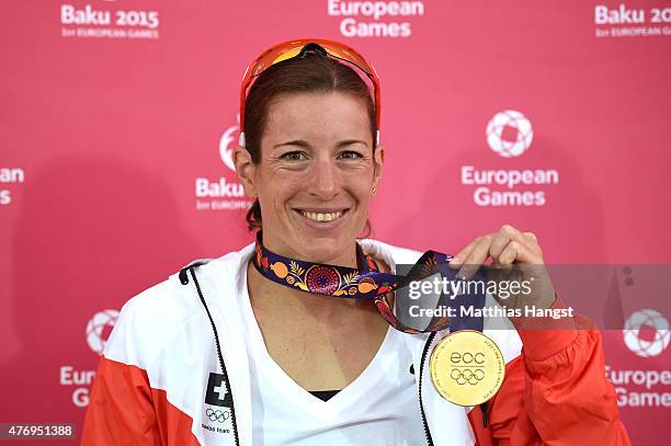 Gold medalist Nicola Spirig of Switzerland poses with her medal following the Women's Triathlon Final during day one of the Baku 2015 European Games...