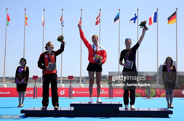 Silver medalist Rachel Klamer of Netherlands, gold medalist Nicola Spirig of Switzerland and bronze medalist Lisa Norden of Sweden celebrate with...