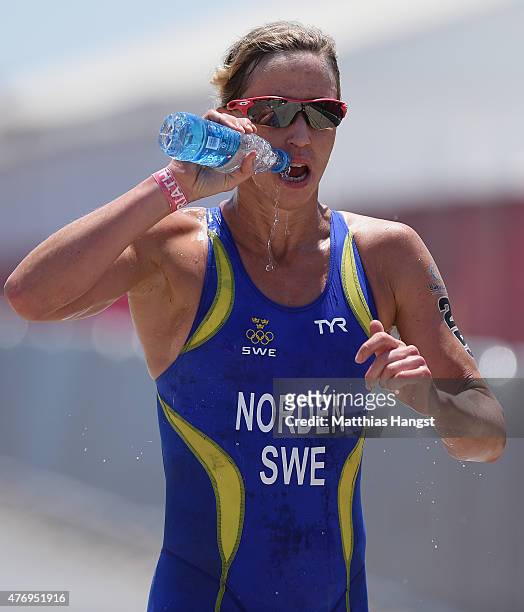 Lisa Norden of Sweden competes in the Womens' Triathlon Final during day one of the Baku 2015 European Games at Bilgah Beach on June 13, 2015 in...