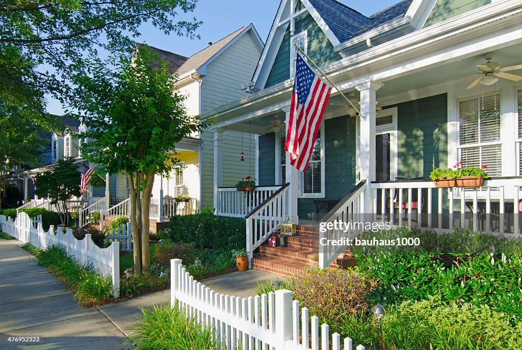 Patriotic Neighborhood with American Flags