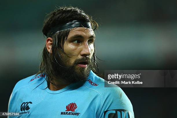 Jacques Potgieter of the Waratahs watches on during the round 18 Super Rugby match between the Waratahs and the Reds at Allianz Stadium on June 13,...