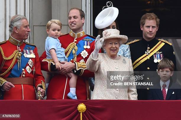 Britain's Queen Elizabeth II waves from the balcony of Buckingham Palace with Britain's Prince Charles, Prince of Wales, Prince William, Duke of...