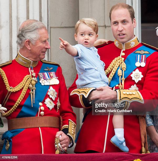 Prince Charles, Prince of Wales with Prince William, Duke of Cambridge and Prince George of Cambridge during the annual Trooping The Colour ceremony...