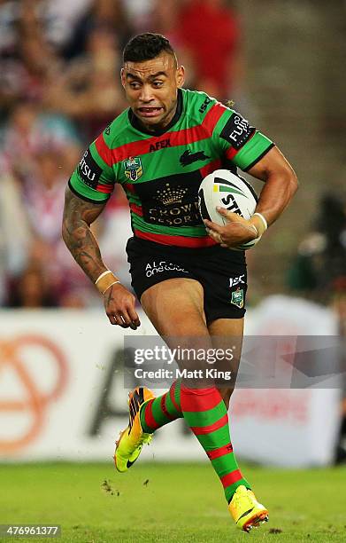 Nathan Merritt of the Rabbitohs runs with the ball during the round one NRL match between the South Sydney Rabbitohs and the Sydney Roosters at ANZ...