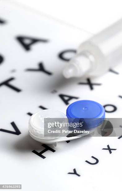 contact lens case and solution - eye chart stock pictures, royalty-free photos & images