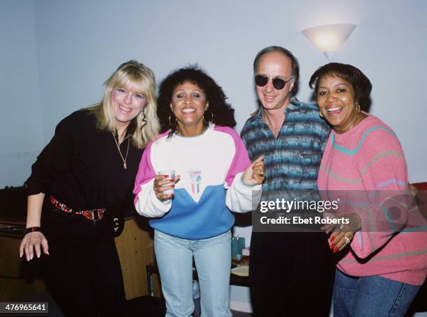 Ellie Greenwich, Darlene Love, Paul Shaffer and Mavis Staples at Krypton Studio in New York City recording with Paul Shaffer on November 15, 1988.