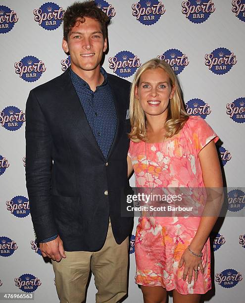 Will Minson and Sarah Jones arrive at the Crown Sports Bar Launch at Crown Casino on March 6, 2014 in Melbourne, Australia.