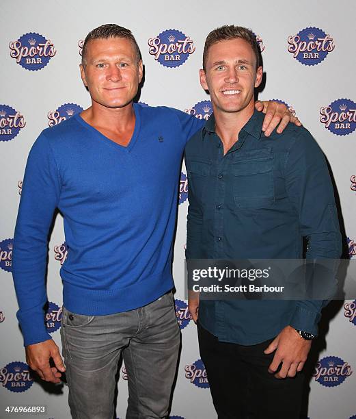 Danny Green and Joel Selwood arrive at the Crown Sports Bar Launch at Crown Casino on March 6, 2014 in Melbourne, Australia.