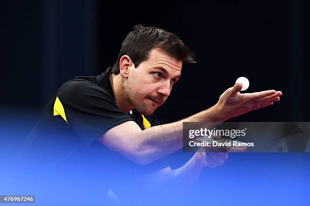 Timo Boll of Germany competes in the Table Tennis - Men's Team's first round match against Marc Duran of Spain during day one of the Baku 2015...