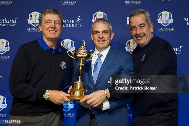 Paul McGinley, European Ryder Cup Caption is pictured with his vice-captains Des Smyth and Sam Torrance during a Ryder Cup Press Conference on March...