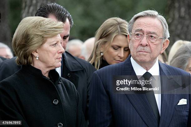 King Constantine II and his wife Queen Anne Marie of Greece attend the Orthodox Mass commemorating the 50th anniversary of King Paul I of Greece's...