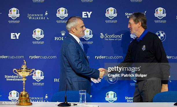 Paul McGinley, European Ryder Cup Captain is pictured welcoming his vice-captain Des Smyth during a Ryder Cup Press Conference on Marc 06, 2014 in...