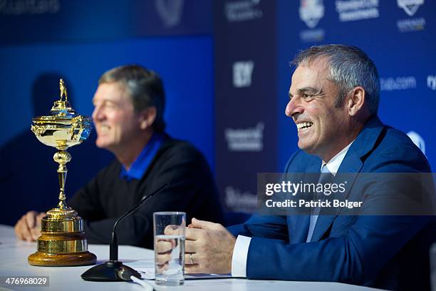 Paul McGinley, European Ryder Cup Captain and vice -captain Des Smyth are pictured during a Ryder Cup Press Conference on March 06, 2014 in Dublin,...