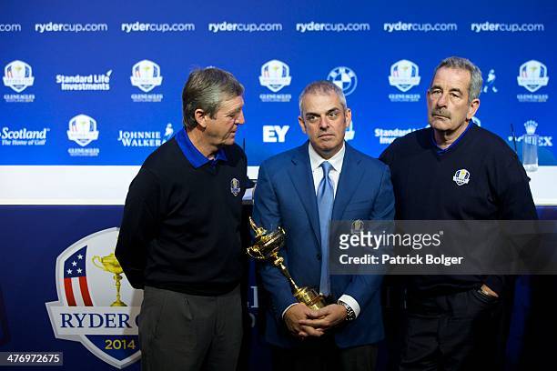 Paul McGinley, European Ryder Cup Captain is pictured with his vice-captains Des Smyth and Sam Torrance during a Ryder Cup Press Conference on March...