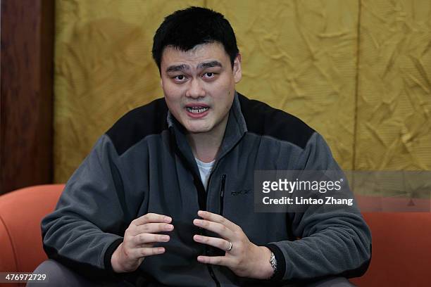 Yao Ming, a former NBA basketball star and a delegate speaks during a press conference at International Hotel Conference Center on March 6, 2014 in...