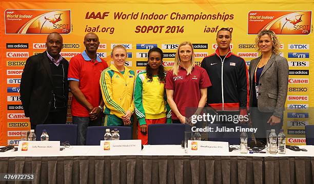 Ambassadors Bruny Surin of Canada and Allen Johnson of the United States, Sally Pearson of Australia, Genzebe Dibaba of Ethiopia, Anna Rogowska of...