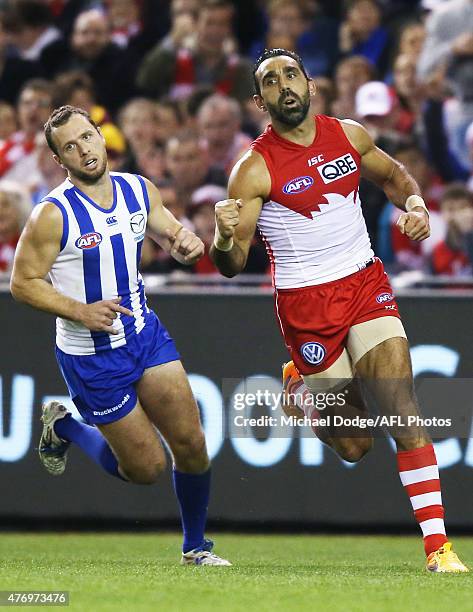 Adam Goodes of the Swans celebrates a goal in front of Scott McMahon of the Kangaroos during the round 11 AFL match between the North Melbourne...