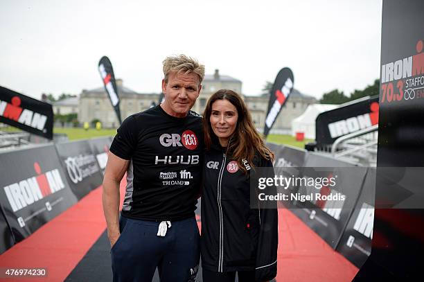 Chef Gordon Ramsay and his wife Tana for pictures on the podium ahead of Ironman 70.3: Staffordshire on June 13, 2015 in Lichfield, England.