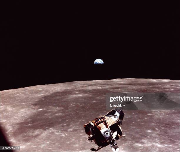 The Lunar Module of the Apollo XI space mission, with US astronauts Neil Armstrong and Edwin Aldrin aboard, is seen in lunar orbit after its liftoff...