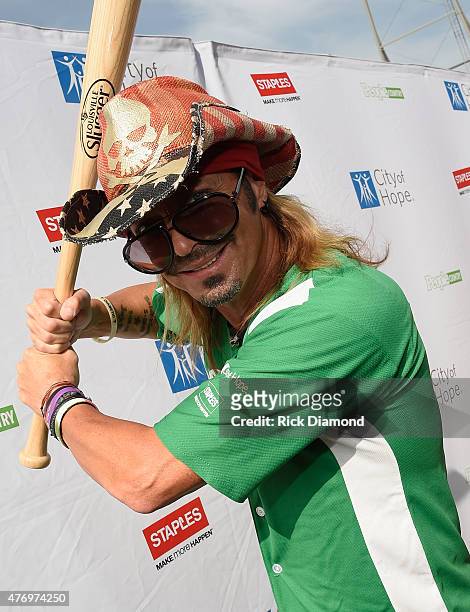Bret Michaels steps up to strike out cancer at City of Hopes 25th Annual Celebrity Softball Game at First Tennessee Park on June 13, 2015 in...
