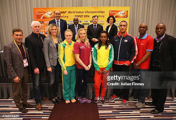 Essar Gabriel, IAAF General Secretary, Lamine Diack, IAAF President, Jacek Karnowski, LOC President and Magdalena Sekula, Ergo Arena President pose...