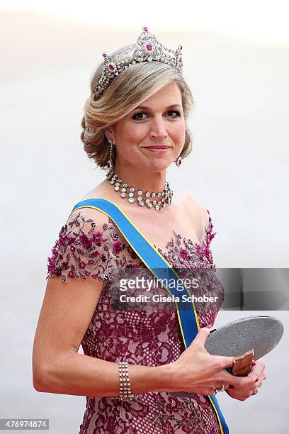 Queen Maxima of the Netherlands attends the royal wedding of Prince Carl Philip of Sweden and Sofia Hellqvist at The Royal Palace on June 13, 2015 in...