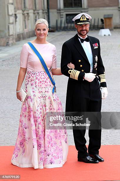 Crown Princess Mette-Marit of Norway and husband Crown Prince Haakon of Norway attend the royal wedding of Prince Carl Philip of Sweden and Sofia...