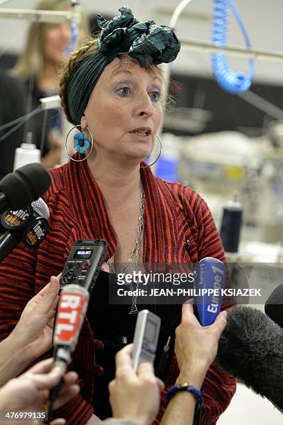 Founder and CEO of "Les Atelieres", Muriel Pernin gives a press conference on March 6, 2014 at "les Atelieres" lingerie plant in Villeurbanne, center...