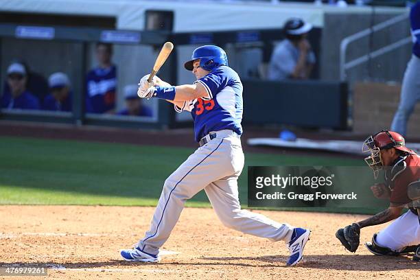 Brendan Harris of the Los Angeles Dodgers bats during a spring training baseball game against the Arizona Diamondbacks at Salt River Fields at...