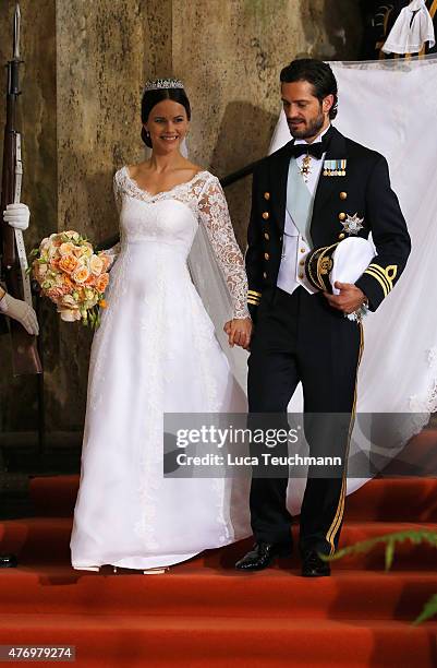 Prince Carl Philip of Sweden and his wife Princess Sofia of Sweden depart after their royal wedding at The Royal Palace on June 13, 2015 in...