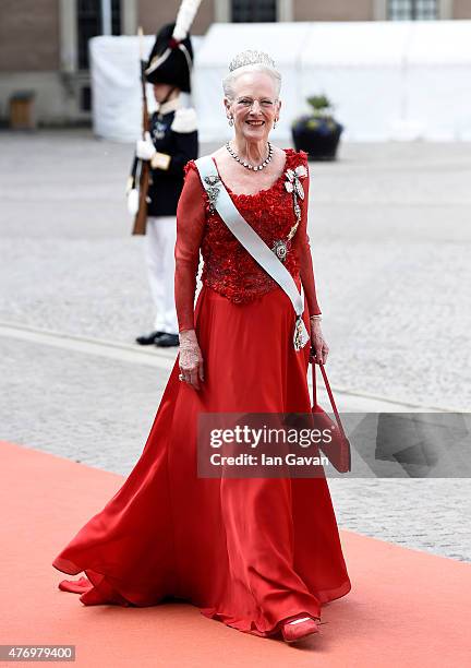 Queen Margrethe of Denmark attends the royal wedding of Prince Carl Philip of Sweden and Sofia Hellqvist at The Royal Palace on June 13, 2015 in...