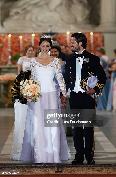 Prince Carl Philip of Sweden and his wife Princess Sofia of Sweden prepare to depart after their royal wedding at The Royal Palace on June 13, 2015...