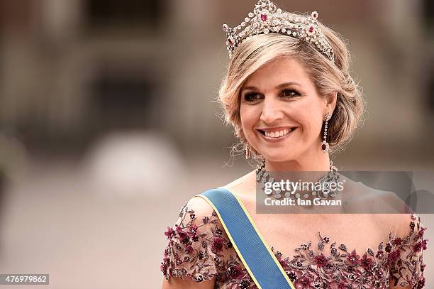 Queen Maxima of the Netherlands attends the royal wedding of Prince Carl Philip of Sweden and Sofia Hellqvist at The Royal Palace on June 13, 2015 in...