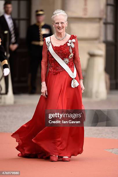 Queen Margrethe of Denmark attends the royal wedding of Prince Carl Philip of Sweden and Sofia Hellqvist at The Royal Palace on June 13, 2015 in...