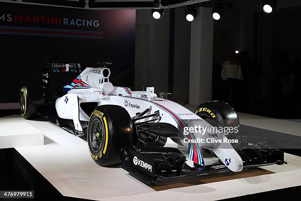 The Williams Martini Racing formula one car is seen during the teams launch event on March 6, 2014 in London, England.
