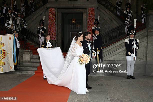 Prince Carl Philip of Sweden is seen with his new wife Princess Sofia of Sweden after their marriage ceremony on June 13, 2015 in Stockholm, Sweden.