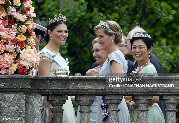 Sweden's Crown Princess Victoria, Britain's Sophie, Countess of Wessex, and Hisako Takamado of Japan are pictured after the wedding ceremony of...