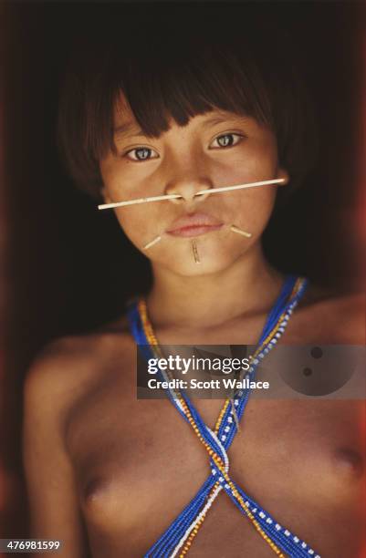 Yanomami girl with pierced nose and cheeks, at a village in the Amazon rainforest of Venezuela, 2001.