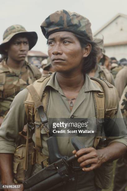 Contra guerilla of the Miskito people, Nicaragua, 1987. The group is fighting in opposition to the Sandinista government.