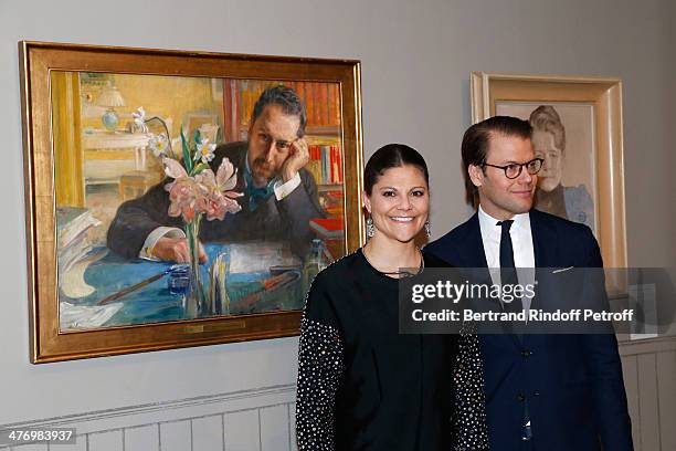 Crown Princess Victoria of Suede and her husband Duke of Vastergotland Daniel Westling posing near portrait of the poet Oscar Levertin as they open...