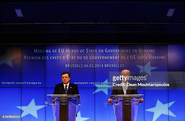 Herman Van Rompuy , President of the European Council and Jose Manuel Durao Barroso , President of the European Commission speak to the media during...