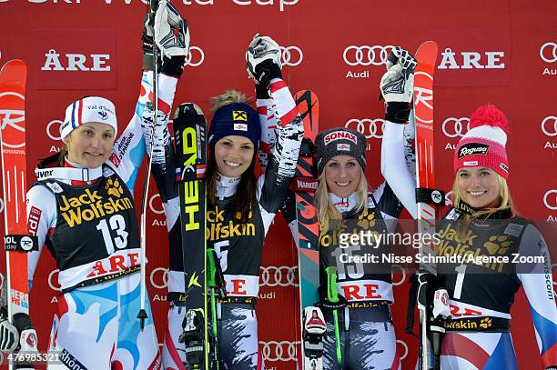 Anemone Marmottan of France takes 2nd place, Anna Fenninger of Austria takes 1st place and Eva-Maria Brem of Austria, Lara Gut of Switzerland take...