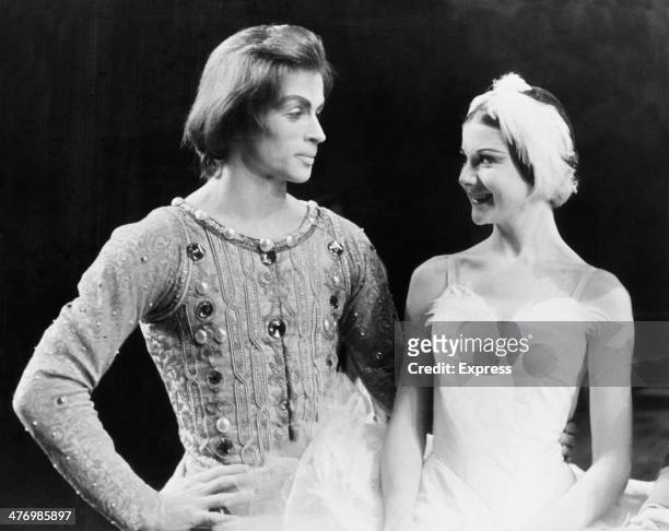 English ballerina Heather Walker on stage with Russian ballet dancer Rudolf Nureyev during a rehearsal for the The Royal Ballet's production of 'Swan...