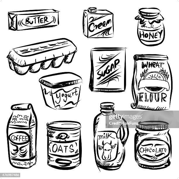 stockillustraties, clipart, cartoons en iconen met dairy food in black and white - room