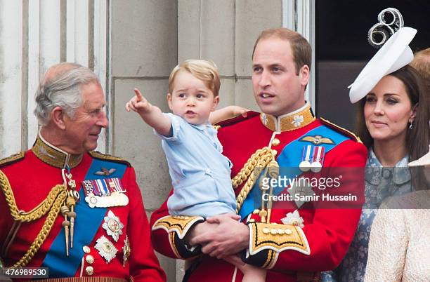 Prince Charles, Prince of Wales, Prince George of Cambridge, Prince William, Duke of Cambridge Catherine, Duchess of Cambridge look on from the...