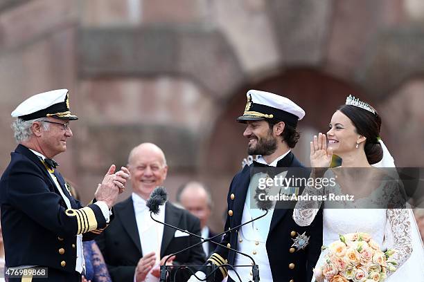 Prince Carl Philip of Sweden and his wife Princess Sofia of Sweden are being congratulated by King Carl XVI Gustaf of Sweden and Sofia's father Erik...