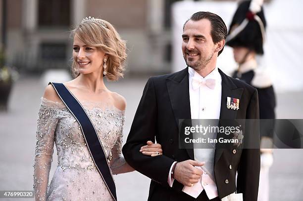 Prince Nikolaos of Greece and Princess Tatiana of Greece attend the royal wedding of Prince Carl Philip of Sweden and Sofia Hellqvist at The Royal...